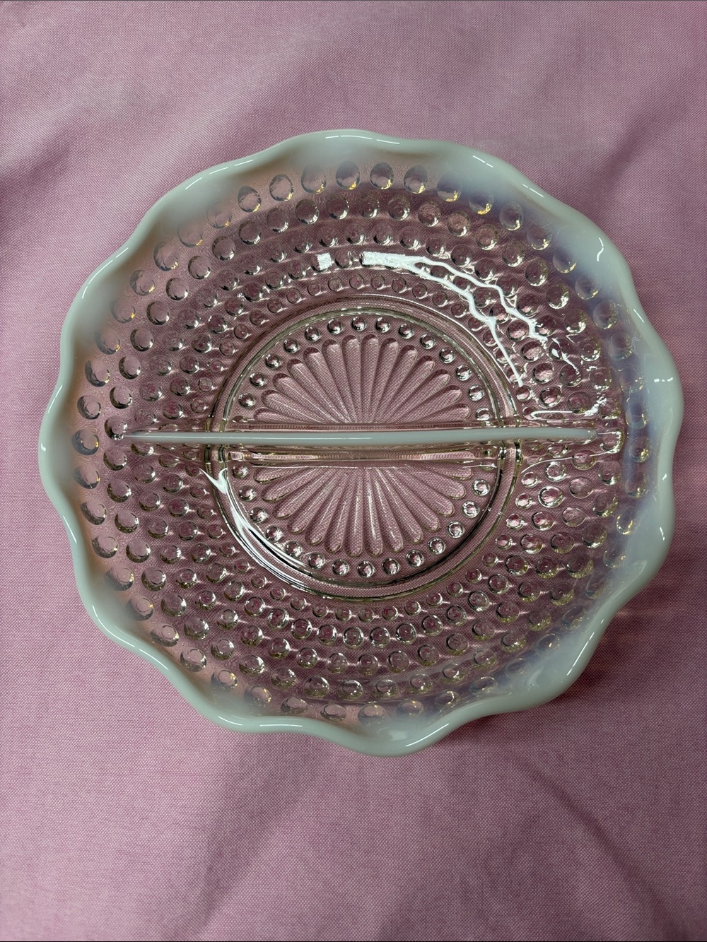 Anchor Hocking Moonstone Opalescent Hobnail Serving Dish with White Ruffled Edge